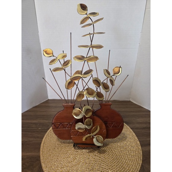 Homco Other - Vintage HOMCO Retro Brass Eucalyptus Leaves Sculpture Hopi Wood Planter